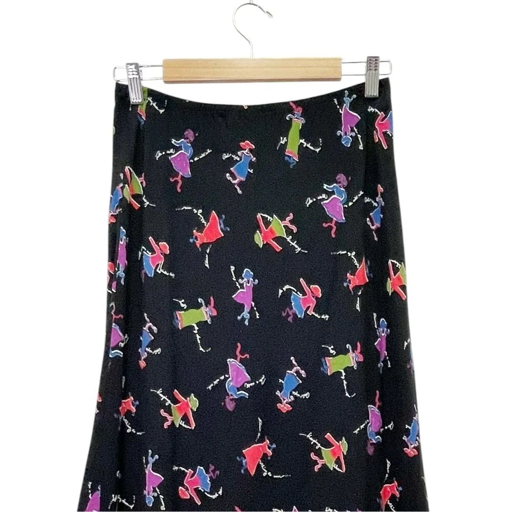Carol Anderson Petite Vintage 90s Midi Skirt P Black Novelty Print Rayon USA Y2K